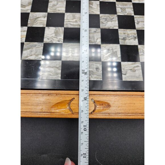 Hand Carved Wooden Marble Chess Board Set w/2 Drawers White Black Onyx Pieces - Picture 10 of 11
